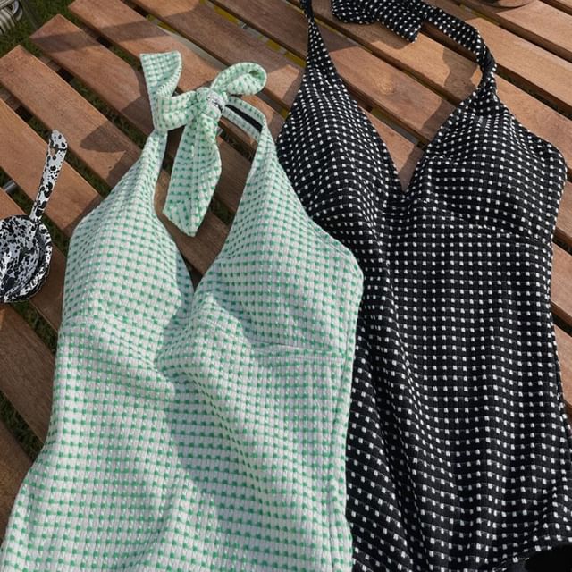 CUCURBIT-Halter V-Neck Plunge Plaid Open Back Swimsuit
