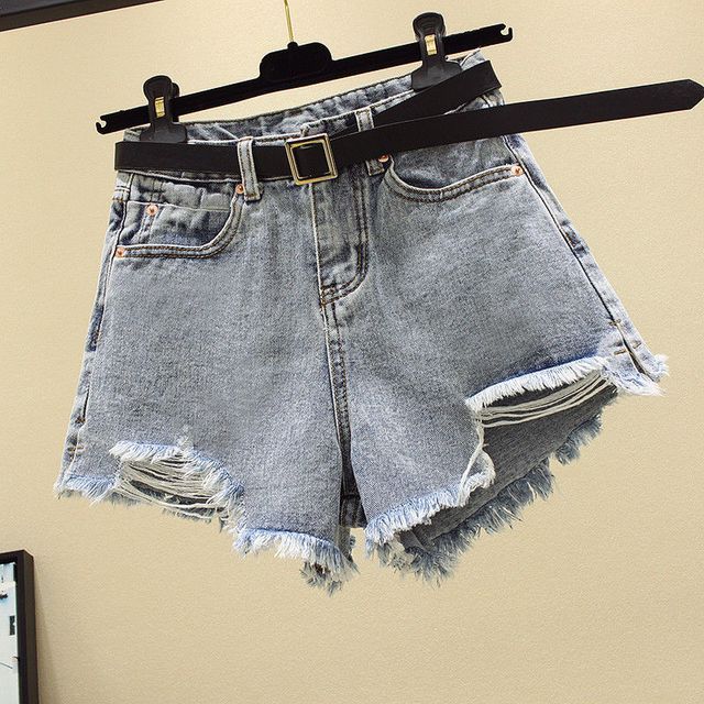 Everose-High Waist Washed Distressed Denim Hot Pants