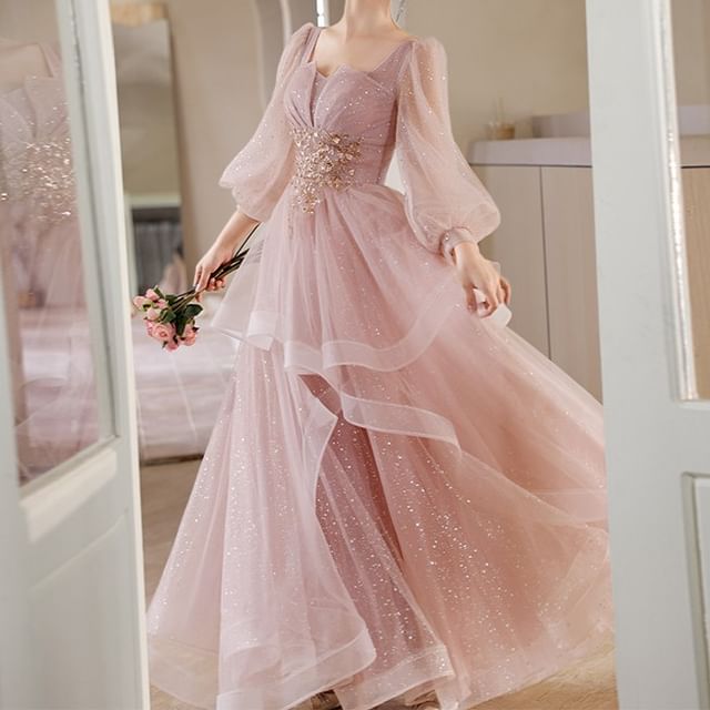 Fioridi-Long-Sleeve Sequin Mesh A-Line Evening Gown