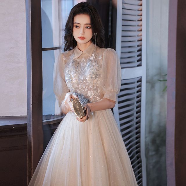 knee length dresses for ladies Rotate Women's Sequins Puff Sleeve Dress
