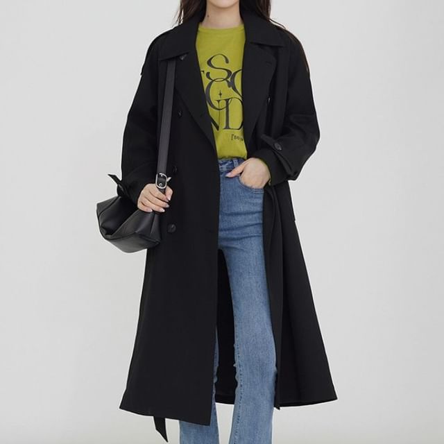 Buy LAPEL NECK POLYESTER WAIST-TIE BLACK TRENCH COAT for Women