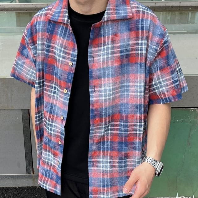 DragonRoad-Short-Sleeve Plaid Shirt