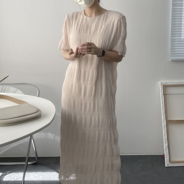 Coris-Short-Sleeve Crew Neck Plain Midi Shift Dress
