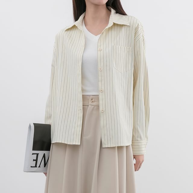 Magimomo-Long Sleeve Collared Striped Shirt