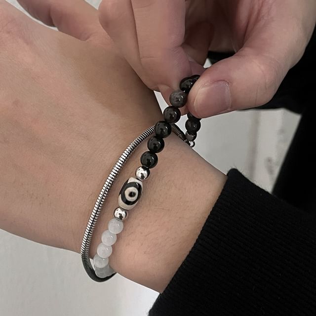 Black Degree-Stainless Steel Beaded Layered Bracelet
