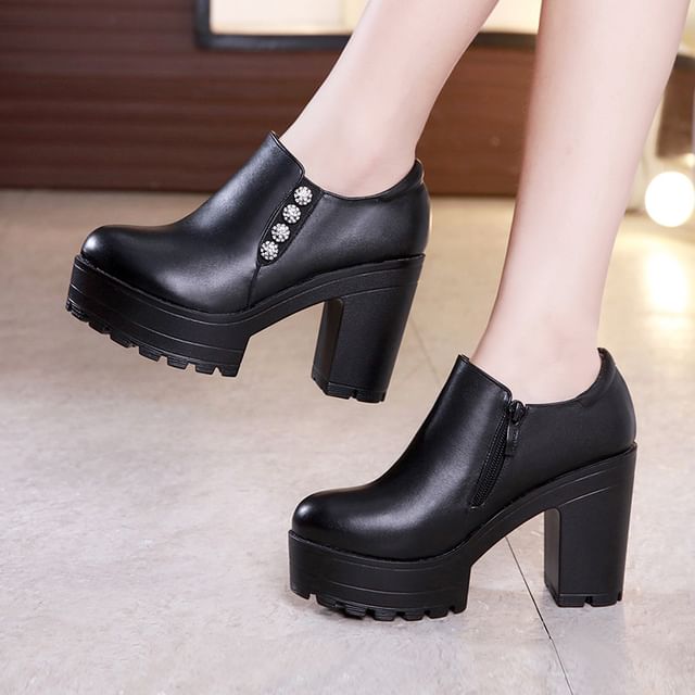 Freesia-Platform Rhinestone Button Zip Block Heel Pumps