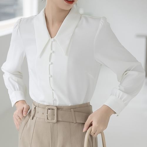 darkroesin - Puff-Sleeve Plain Button-Up Blouse | YesStyle