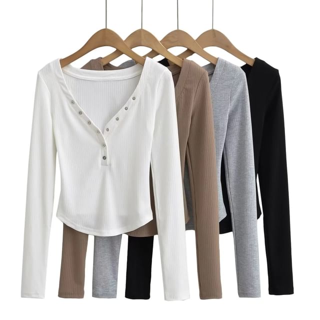 Asiris-Long-Sleeve Henley Plain Tee