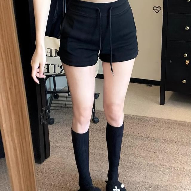 Yako-Drawstring Waist Plain Shorts