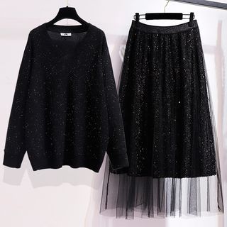 Krezol V Neck Glitter Sweater High Waist Sequin Mesh Midi A Line Skirt