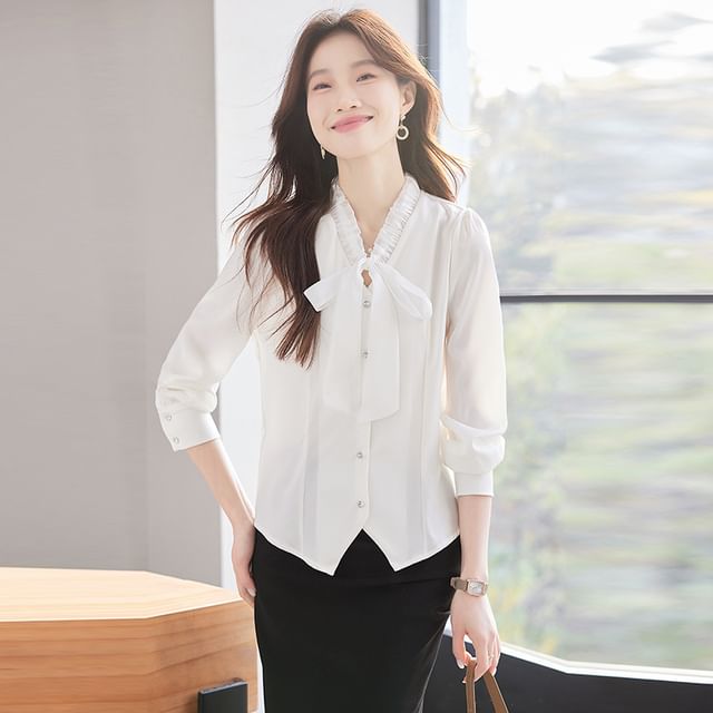 Skyheart-Long Sleeve Tie Neck Plain Blouse