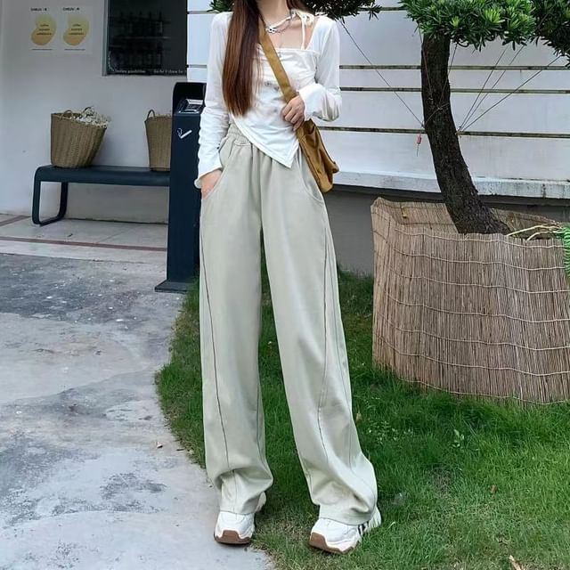 Everose-Elastic Waist Plain Paneled Wide Leg Pants