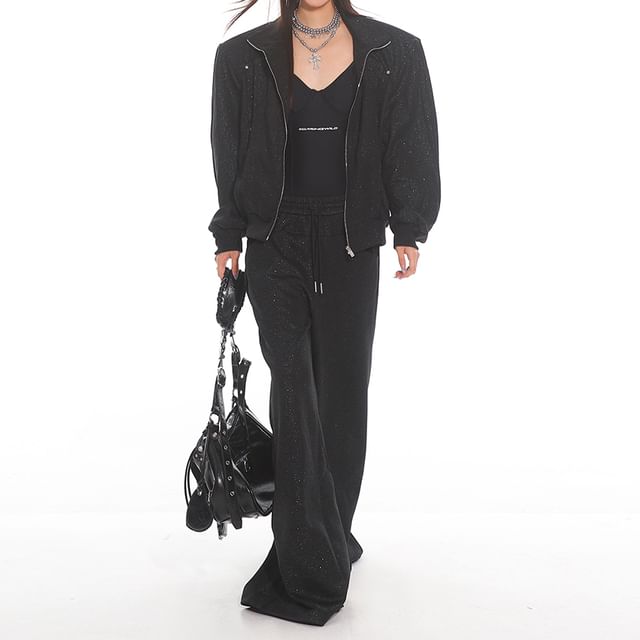 SPUCIKLEI-Glitter Oversized Zip Jacket Drawstring Waist Wide Leg Pants