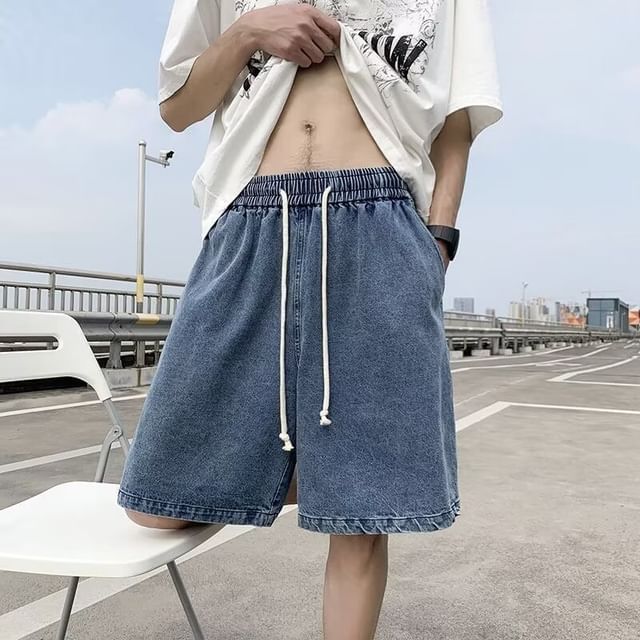 Wewewow-Drawstring Waist Washed Denim Shorts