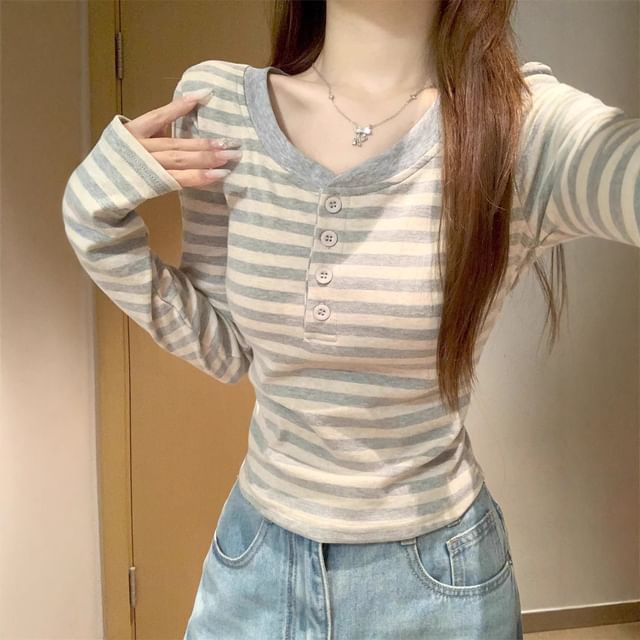 Striinkie-Long Sleeve Half-Button Striped Slim-Fit Tee