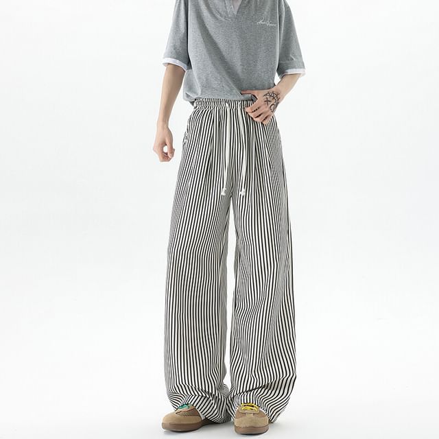 Sheck-Drawstring Waist Striped Wide Leg Pants