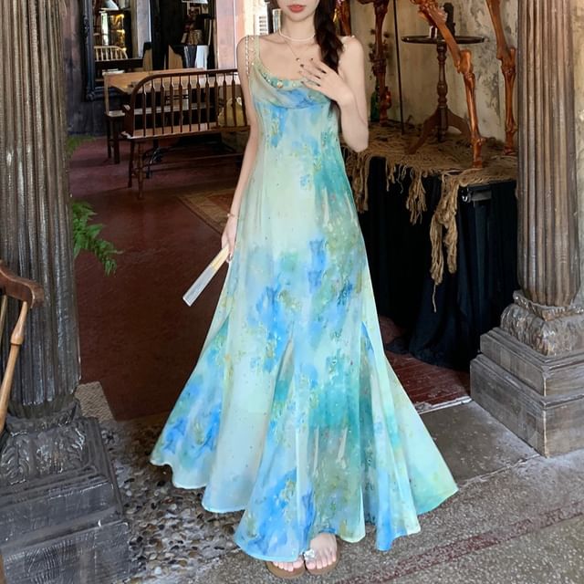 Trendycas - Spaghetti Strap Cowl Neck Tie Dye Lace Trim Faux Pearl Fringed  Maxi Mermaid Dress | YesStyle
