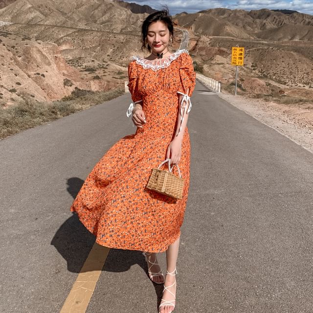 Moanum - Puff Sleeve Ruffle Collar Floral Print Backless Midi A-Line Dress  | YesStyle