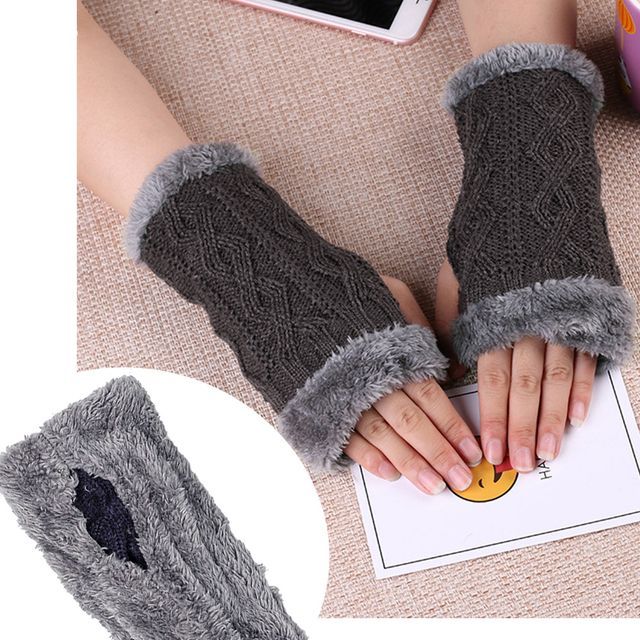 Kinoxslone-Cable Knit Fleece-Lined Fingerless Gloves