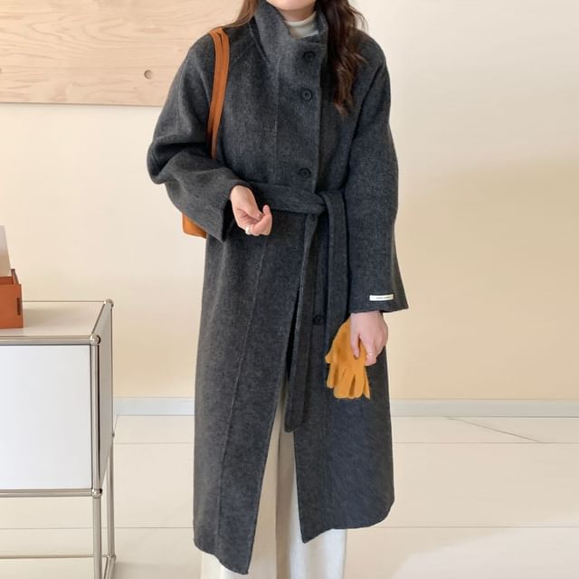 Heiti-Stand Collar Woolen Midi Single-Breasted Coat