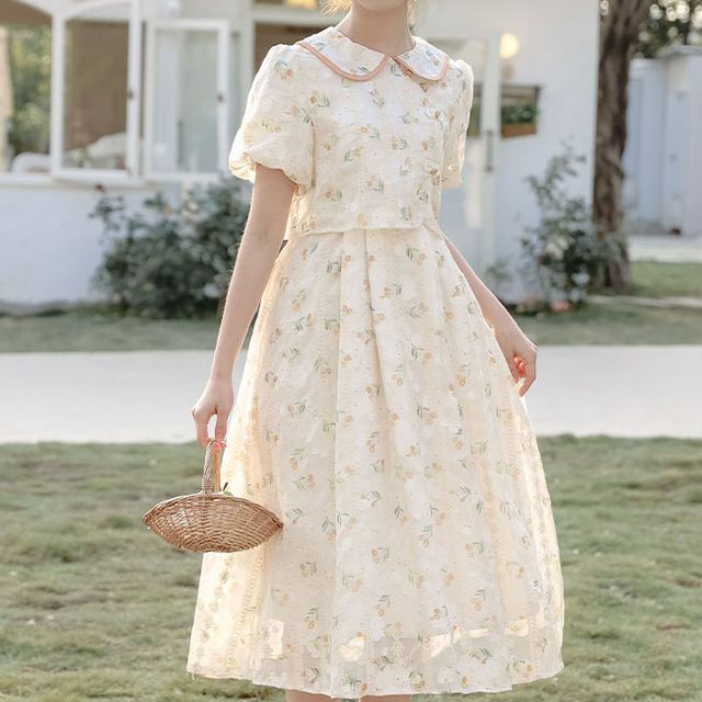 Retro Forest - Puff-Sleeve Floral Print Collared Midi A-Line Dress |  YesStyle