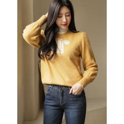 Styleonme - Puff-Sleeve Faux-Pearl Knit Top