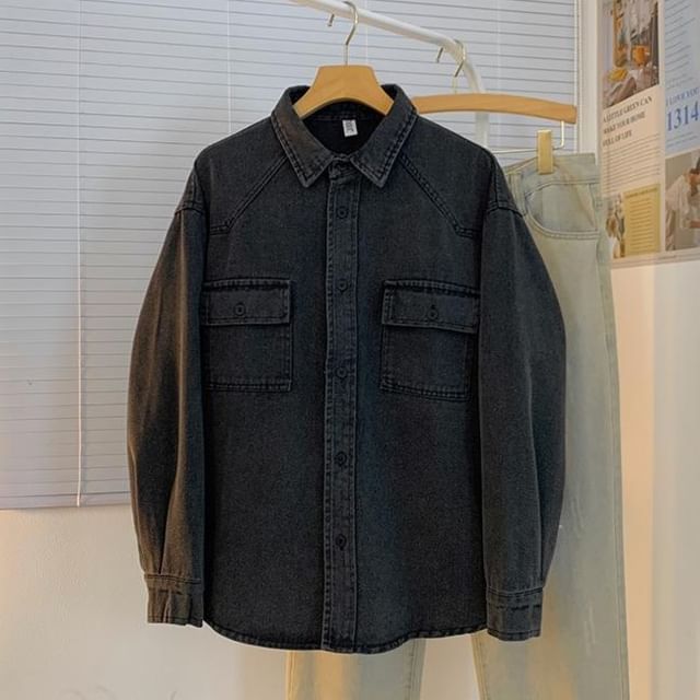Naideth-Long Sleeve Collared Washed Denim Cargo Shirt