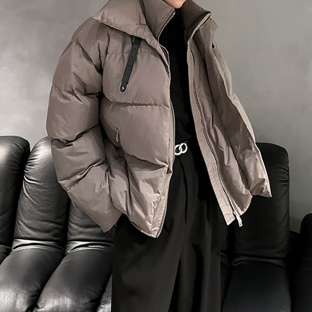 ROOSE-Hooded Stand Collar Plain Zip Puffer Jacket