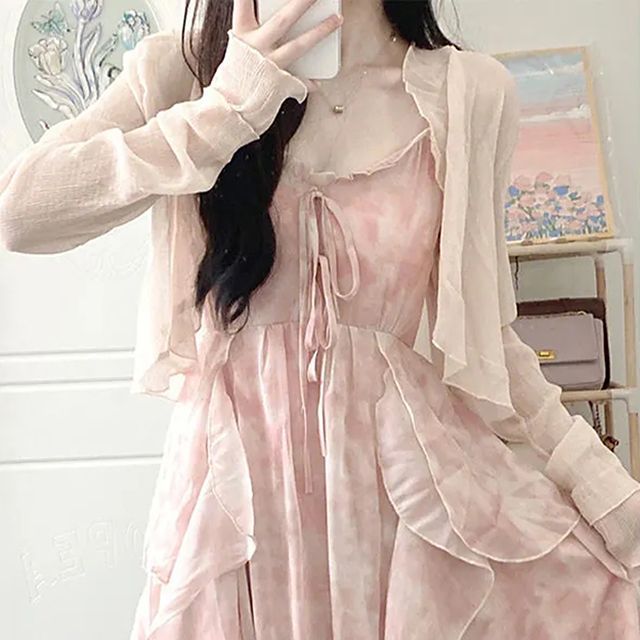 Bebop - Long-Sleeve Plain Ruffle Trim Cardigan / Spaghetti-Strap Ruffle  Trim Floral Chiffon Dress / Set | YesStyle