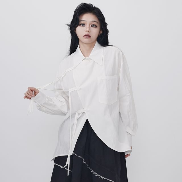 Ravenstem-Long-Sleeve Collared Asymmetrical Button-Up Plain Blouse