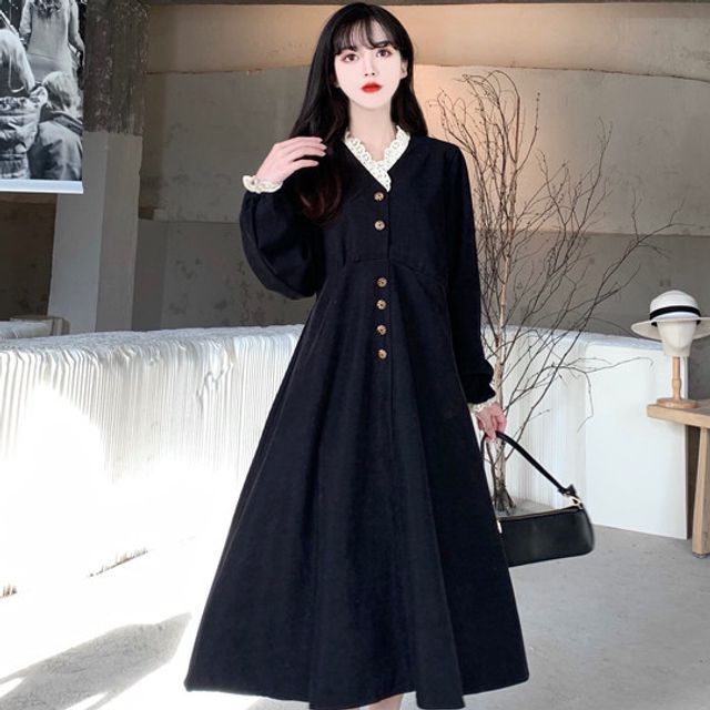 fitted lace wedding dress Black Long Sleeve Mini Dress Black / XL main image 0