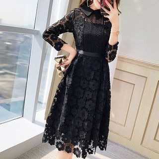 dress black lace Modern Black Lace One-Shoulder Prom Party Gowns| Front Split Evening Gown