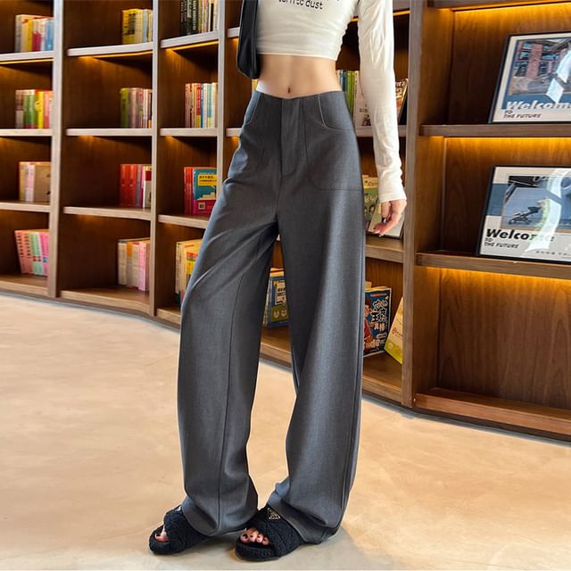 Woohan-Mid Waist Plain Wide Leg Pants