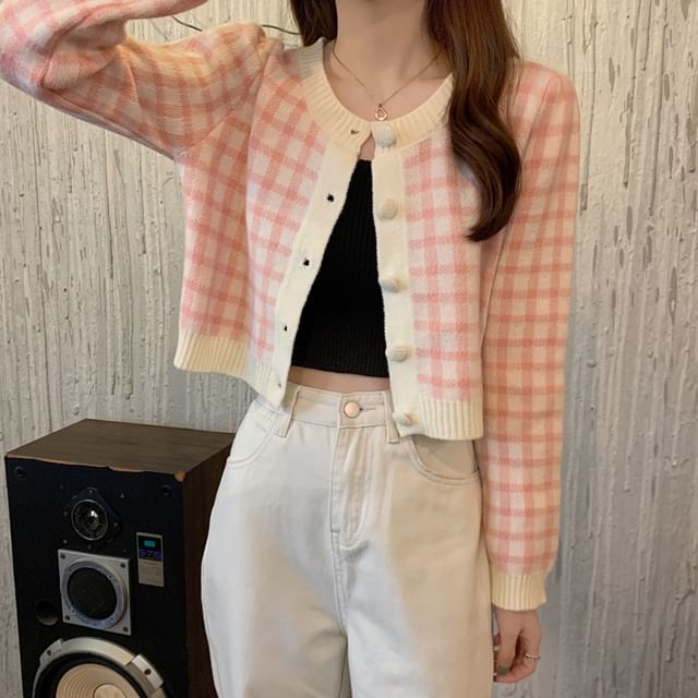 Sisyphi-Round Neck Checkered Button Cardigan