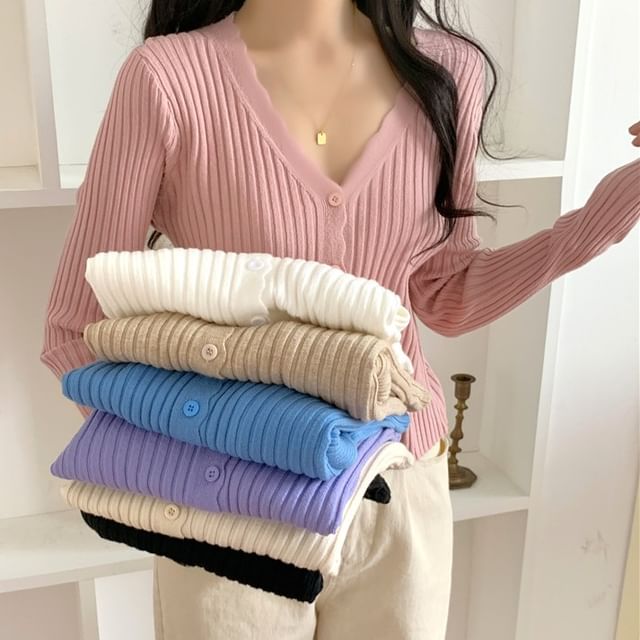 PINPI-V-Neck Plain Ribbed Button-Up Cardigan