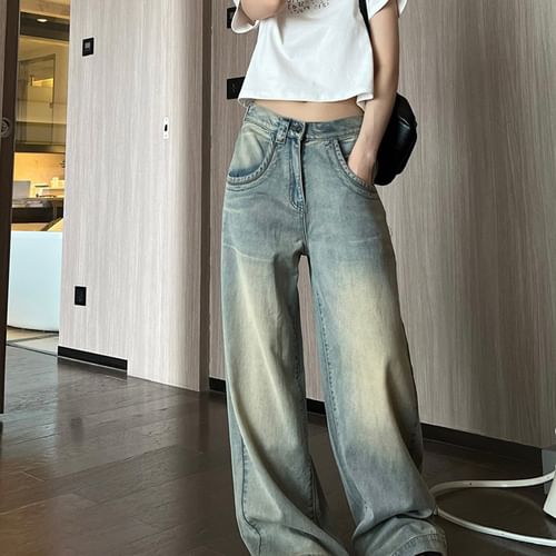 Gourgie - Low Rise Washed Wide Leg Jeans