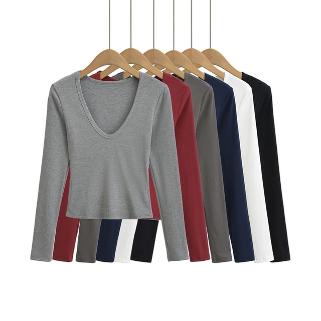 Ulark-Long Sleeve V-Neck Plain T-Shirt