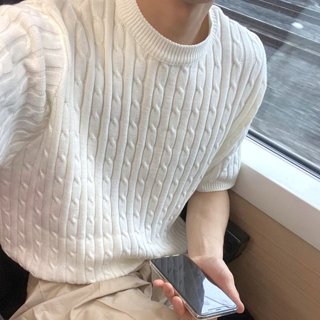 Myanderthal-Elbow-Sleeve Crew Neck Plain Cable Knit Top
