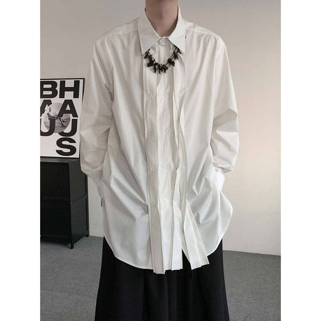 Orungeetun-Long Sleeve Collared Plain Panel Shirt