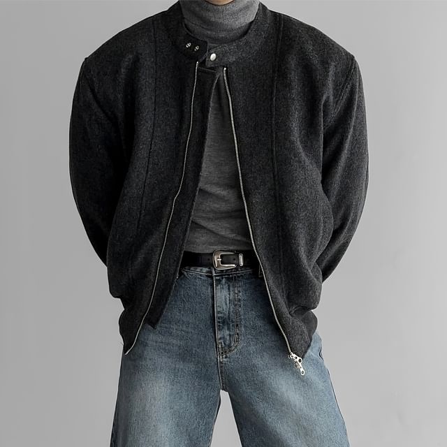 Okwano-Band Collar Plain Panel Zip Jacket