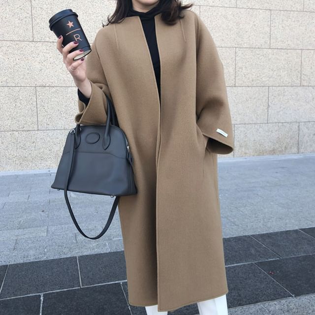 INEN-Collarless Plain Open Front Long Coat