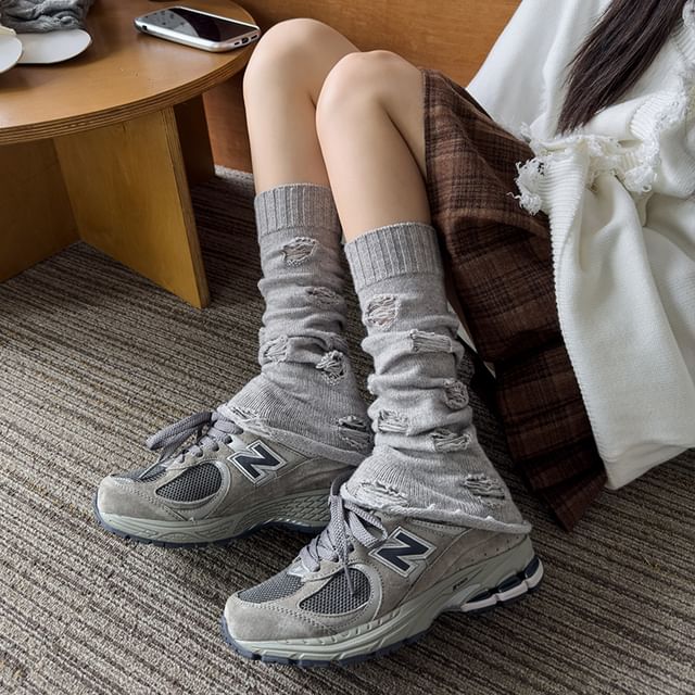 Mimiyu-Plain Distressed Knit Leg Warmers Set