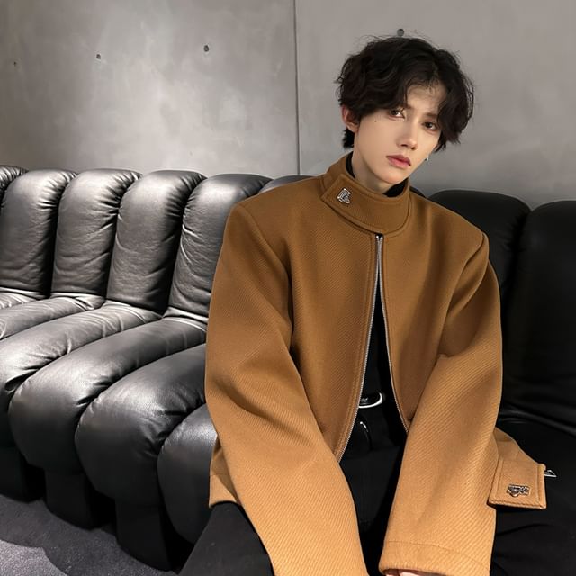 Orungeetun-Stand Collar Plain Zip Jacket