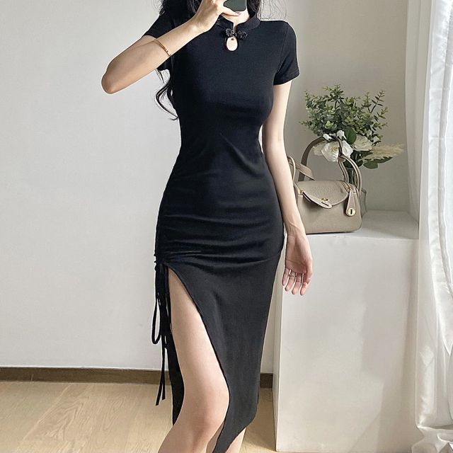 Midi Dress Tight Short Sleeve Dress NUBE Short-Sleeve Drawstring