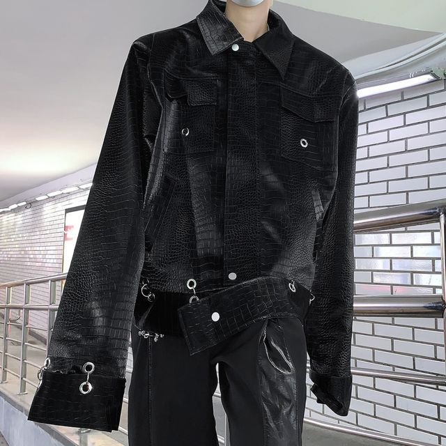 Orungeetun-Long-Sleeve Plain Faux Leather Jacket