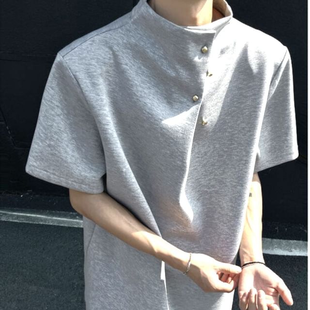 Drawouf-Elbow-Sleeve Stand Collar Plain Asymmetrical Buttoned T-Shirt