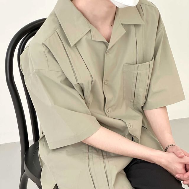 Naideth-Elbow-Sleeve Pocketed Plain Shirt
