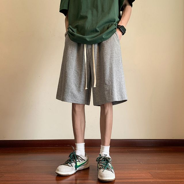 Obikan-Drawstring Waist Plain Sweat Shorts