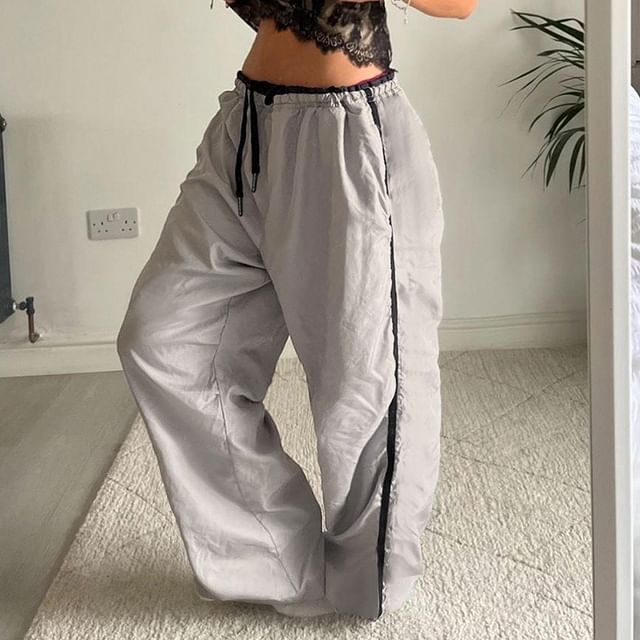 Allinya-Drawstring Waist Two Tone Panel Wide Leg Pants