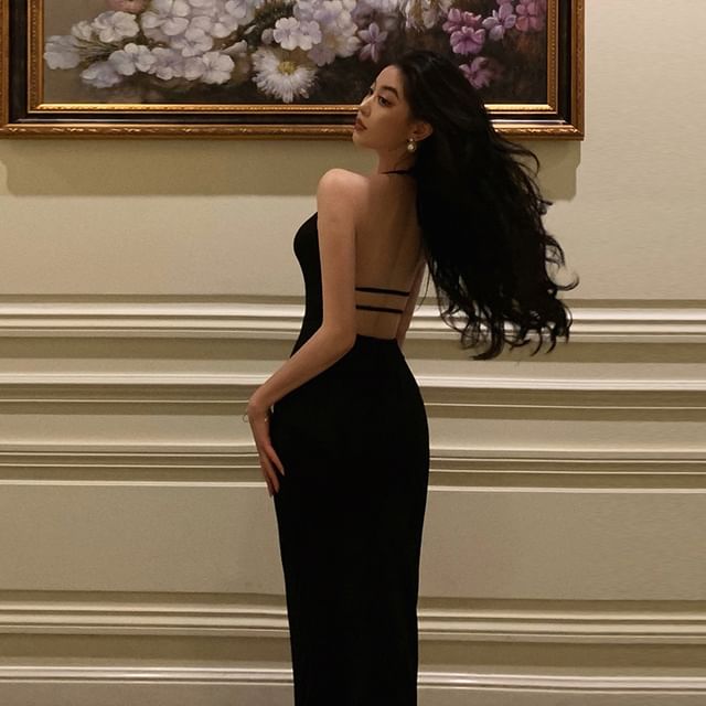 Sodoo - Halter Neck Plain Backless Midi Bodycon Party Dress | YesStyle